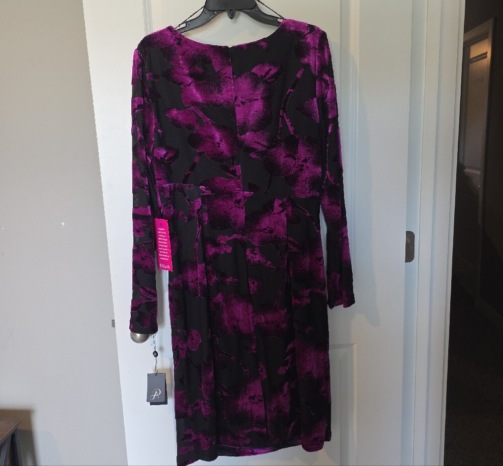 Adrianna Papell Black and Purple Floral Wrap-Style Long Sleeve Dress - Picture 11 of 13